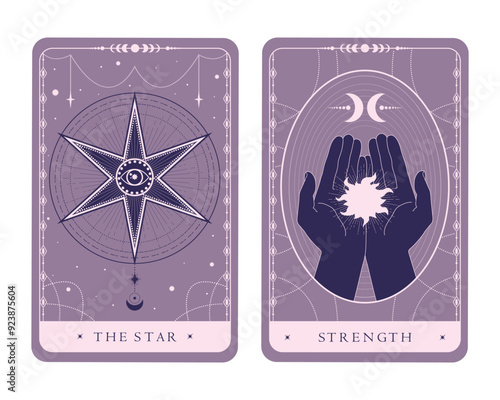 Magical celestial tarot cards of Major Arcana. Tarot symbols The Star and Strength. Mystery, astrology, alchemy. Vector illustration