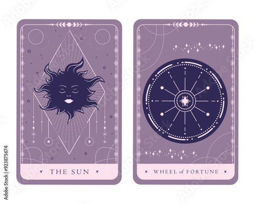 Magical celestial tarot cards of Major Arcana. Tarot symbols The Sun and Wheel of Fortune. Mystery, astrology, alchemy. Vector illustration