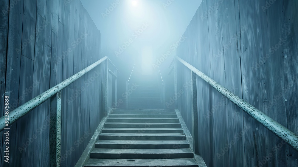 Fototapeta premium A long, narrow, dark stairwell with a light shining through a window