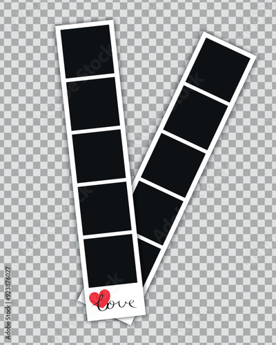 Two photo booth pictures on transparent background. Photo strip decorated with red heart and word Love. Vector illustration