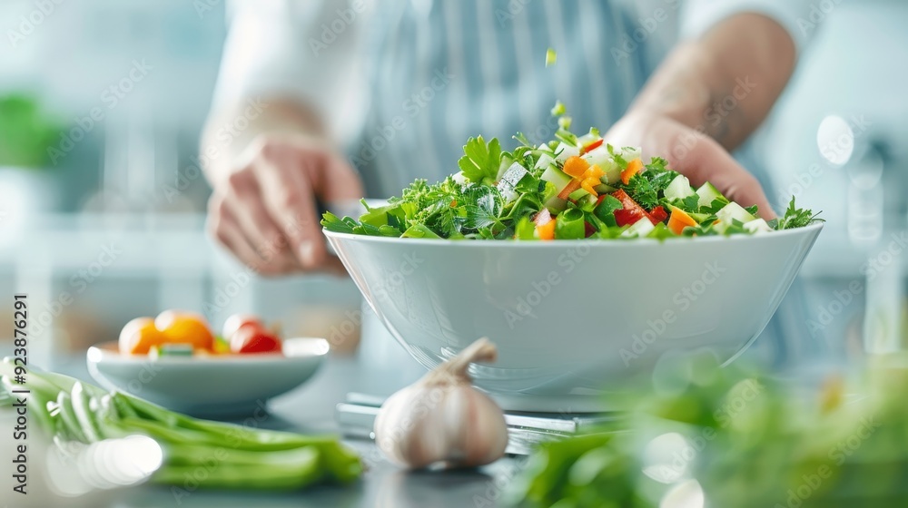 Naklejka premium A person is cutting vegetables for a salad