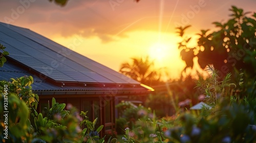 Solar panels installed on the roof a contemporary home with a bright sun in the background