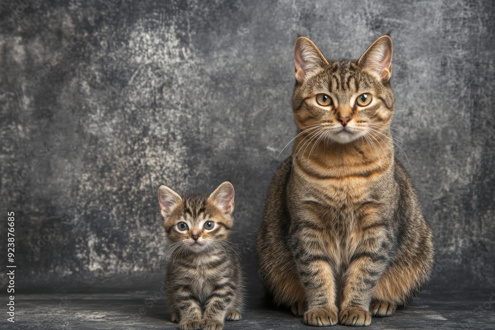 Adorable adult cat kitten sitting together on textured background