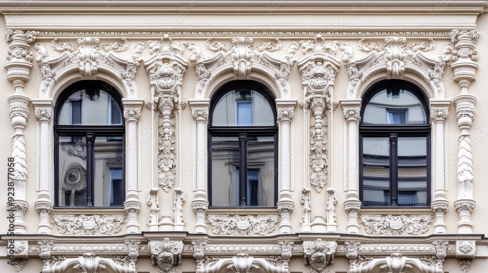 A stunning European-style villa features intricate details and a beige facade, situated in a bustling urban area of Shanghai under a clear blue sky A stunning European-style villa features intricate details and a beige facade, situated in a bustling urban area of Shanghai under a clear blue sky