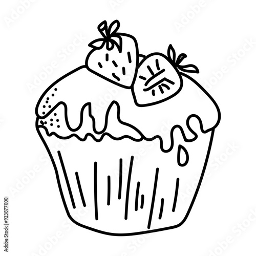 Outline cupcake with strawberries, coloring page for creativity or menu design