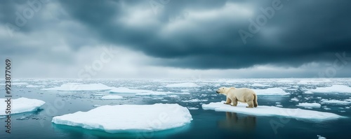 Polar bears on melting ice floes under stormy skies, capturing the dire effects of climate change photo