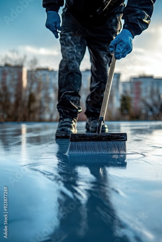 Waterproof coating application with roller brush on rooftop photo