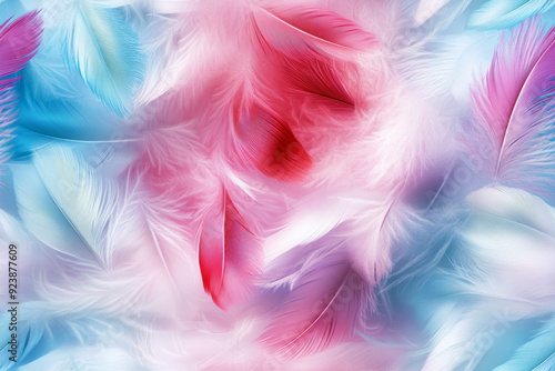 A colorful feather pattern with blue, pink, and white feathers. The feathers are arranged in a way that creates a sense of movement and flow. The colors are bright and vibrant