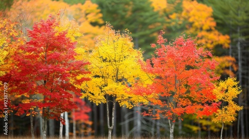 Three trees with leaves of different colors, including red, yellow, and orange