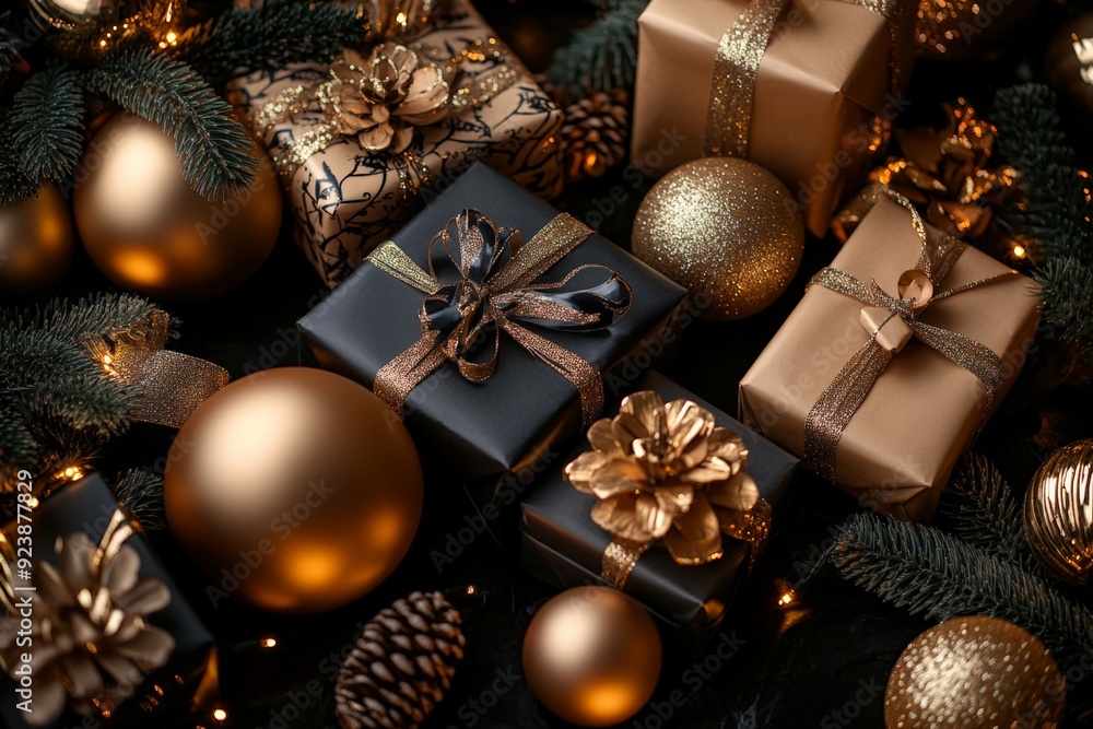 Beautifully wrapped golden Christmas gifts with black ribbons, pine cones, and elegant ornaments, set against a dark background for a sophisticated holiday feel. Beautifully wrapped golden Christmas gifts with black ribbons, pine cones, and elegant ornaments, set against a dark background for a sophisticated holiday feel.