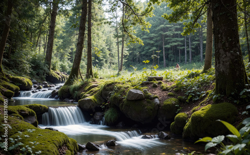 Serene Forest Stream Flowing Gently Through Lush Greenery Under Soft Morning Light
