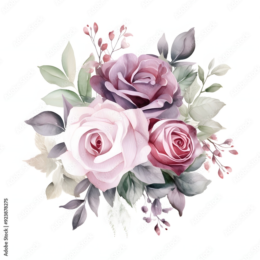 Watercolor bouquet of roses and green leaves on white. A bouquet of pink and purple roses, white flowers, and green leaves arranged in a beautiful floral composition Watercolor bouquet of roses and green leaves on white. A bouquet of pink and purple roses, white flowers, and green leaves arranged in a beautiful floral composition