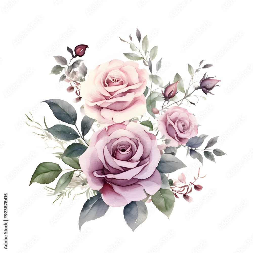 Watercolor bouquet of roses and green leaves on white. A bouquet of pink and purple roses, white flowers, and green leaves arranged in a beautiful floral composition Watercolor bouquet of roses and green leaves on white. A bouquet of pink and purple roses, white flowers, and green leaves arranged in a beautiful floral composition