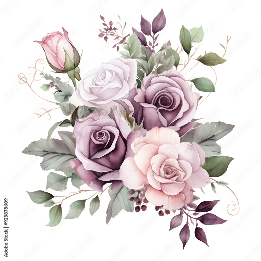 Watercolor bouquet of roses and green leaves on white. A bouquet of pink and purple roses, white flowers, and green leaves arranged in a beautiful floral composition Watercolor bouquet of roses and green leaves on white. A bouquet of pink and purple roses, white flowers, and green leaves arranged in a beautiful floral composition