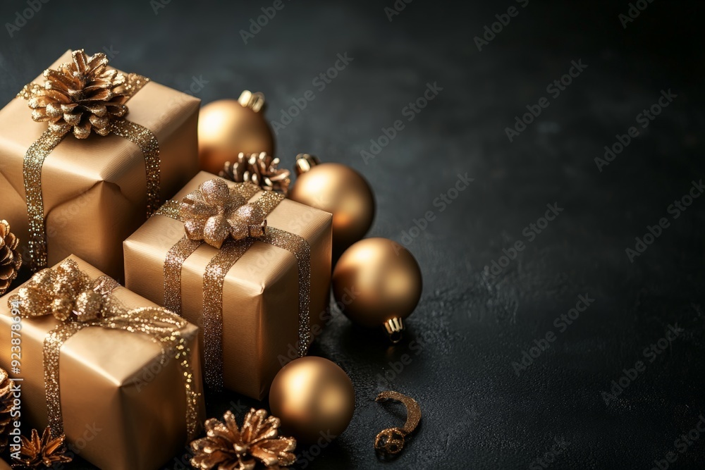 Beautifully wrapped Christmas presents in gold paper with glittering bows, adorned with pine sprigs and surrounded by festive golden ornaments, creating a warm holiday scene. Beautifully wrapped Christmas presents in gold paper with glittering bows, adorned with pine sprigs and surrounded by festive golden ornaments, creating a warm holiday scene.