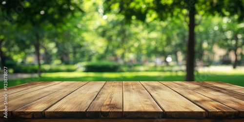 Empty wood table top and blurred green tree in the park garden background - can used for display or montage your products, ai