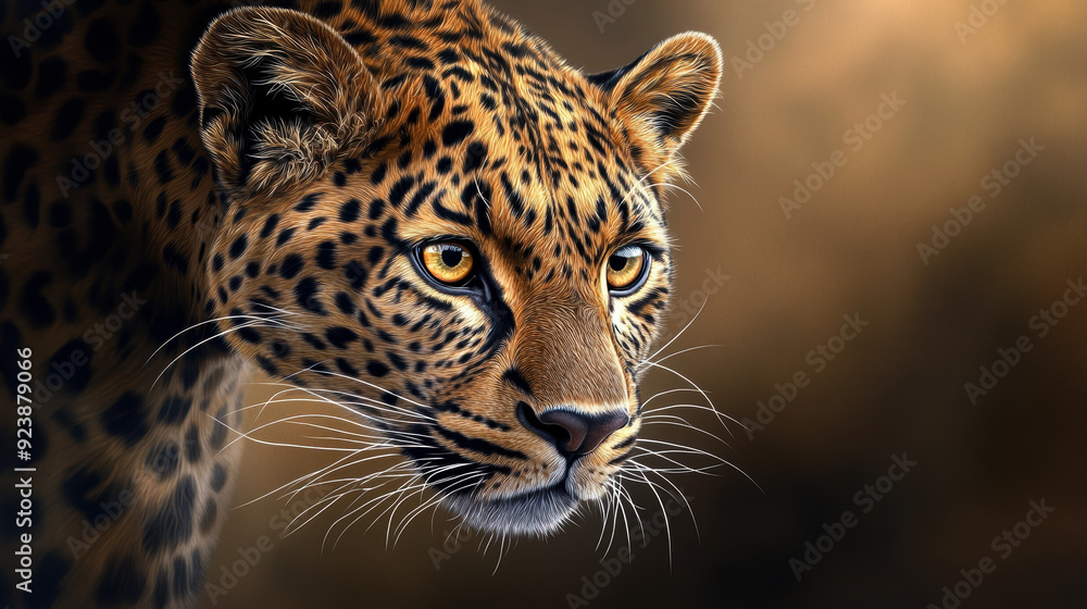 Fototapeta premium A leopard is staring at the camera with its mouth open. The image has a moody and intense feeling, as if the leopard is about to pounce
