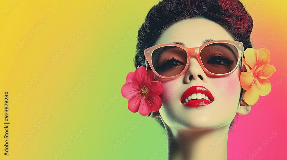 A photo portrait illustration art style retro Asian woman with a smile, on the vibrant color background A photo portrait illustration art style retro Asian woman with a smile, on the vibrant color background