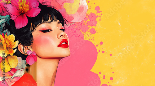 A photo portrait illustration art style retro Asian woman with a smile, on the vibrant color background