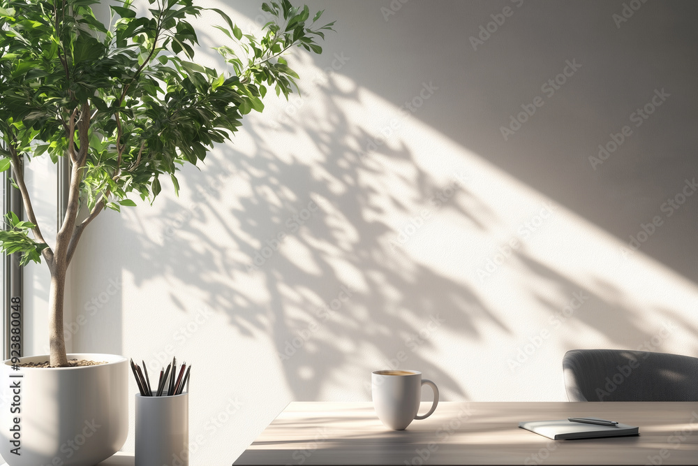 Elegant Nordic Home Office with Modern Pot Tree and Coffee with relax home environment Elegant Nordic Home Office with Modern Pot Tree and Coffee with relax home environment