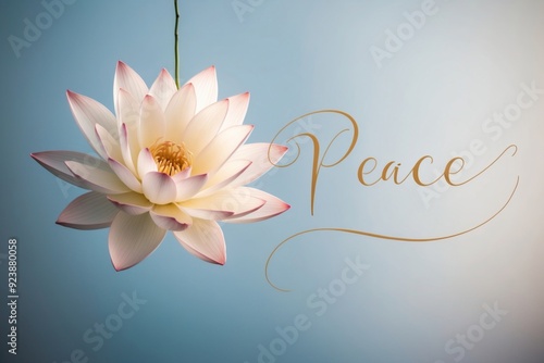 White lotus flower hanging against a light blue background with the word peace elegantly scripted nearby photo