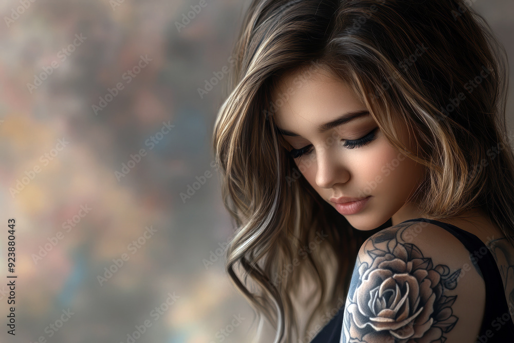 Naklejka premium A woman with long brown hair and a tattoo of a rose on her arm. She is looking at the camera with a serious expression