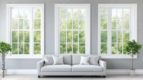 This modern living room showcases a grey sofa, tall windows, and daylight flooding in, creating a vibrant and inviting atmosphere with stylish design elements.