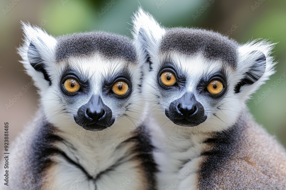 Fototapeta premium Two lemurs with expressive eyes, sitting together in their natural habitat, surrounded by tall grasses.