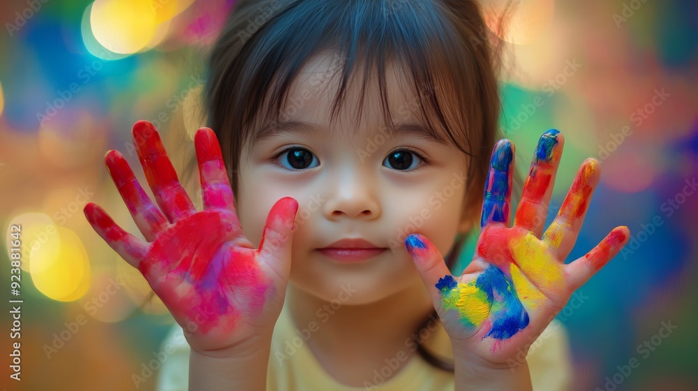 Cute little girl with colorful painted hands in the background Cute little girl with colorful painted hands in the background