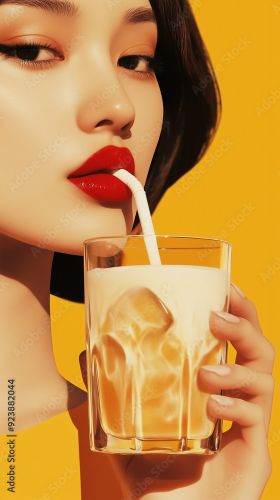 A photo illustration featuring an Asian woman’s glossy red lips against a vibrant background with an iced coffee A photo illustration featuring an Asian woman’s glossy red lips against a vibrant background with an iced coffee