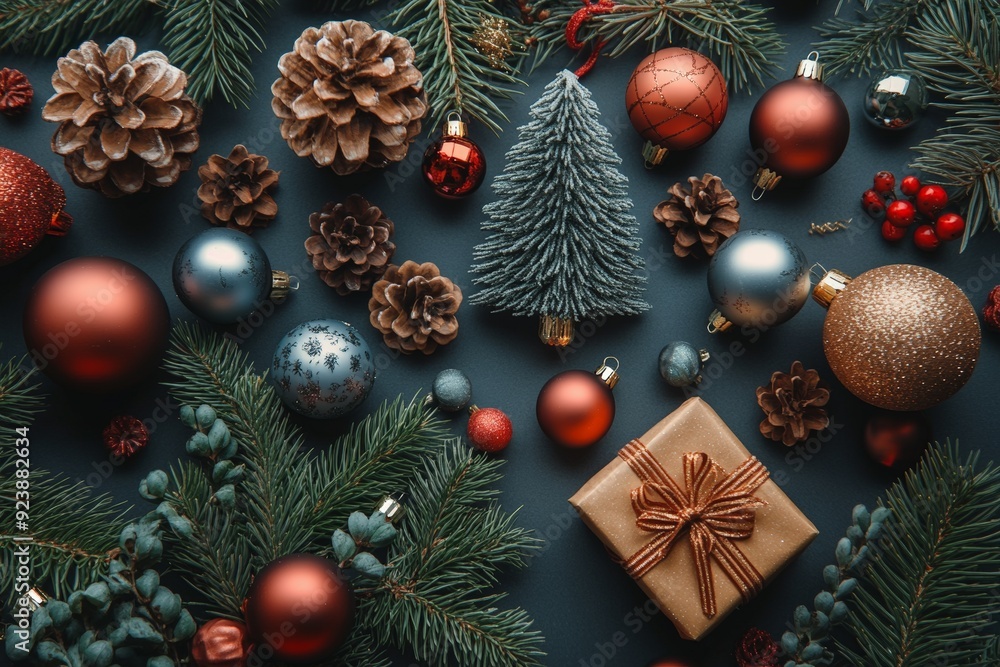 Christmas gift boxes wrapped in brown paper with pinecones and fir branches on a dark background, creating a rustic holiday scene. Christmas gift boxes wrapped in brown paper with pinecones and fir branches on a dark background, creating a rustic holiday scene.