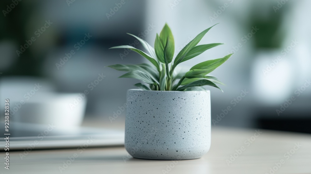 A small green plant with vibrant leaves sits in a minimalist concrete pot on a desk, providing a touch of nature and freshness to a modern workspace. A small green plant with vibrant leaves sits in a minimalist concrete pot on a desk, providing a touch of nature and freshness to a modern workspace.