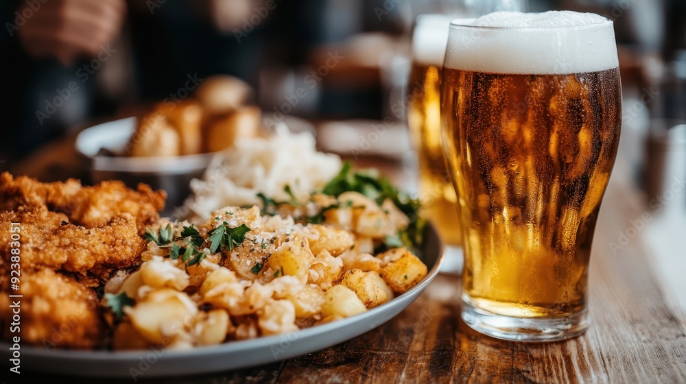 A wooden table features a plate filled with fried food, potatoes, and greens accompanied by two frothy beer glasses, creating a friendly and relaxed setting. A wooden table features a plate filled with fried food, potatoes, and greens accompanied by two frothy beer glasses, creating a friendly and relaxed setting.