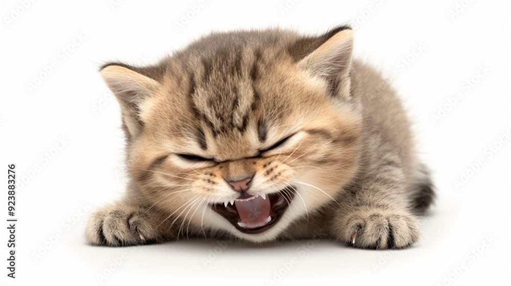 Obraz premium Cute fierce angry kitten kitty threatening with open mouth isolated on white, adorable unhappy brown tabby kitty cat, funny pet animal portrait.