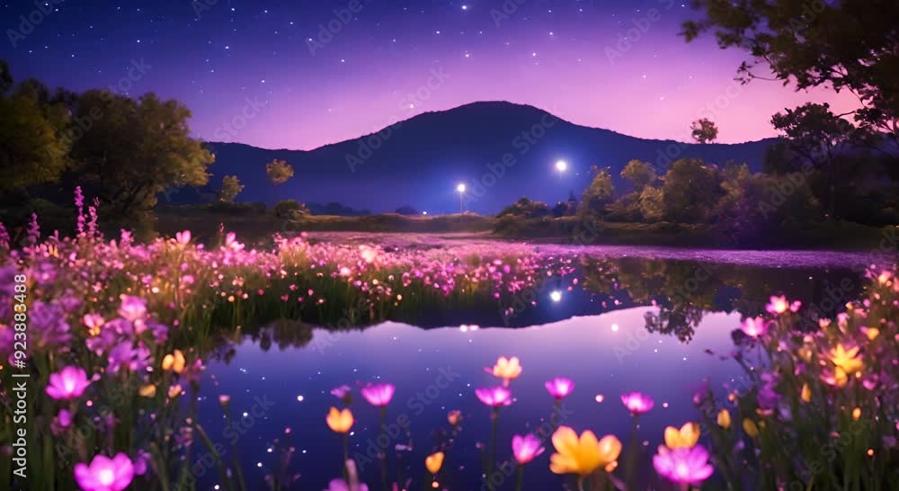 night landscape with lake and mountains