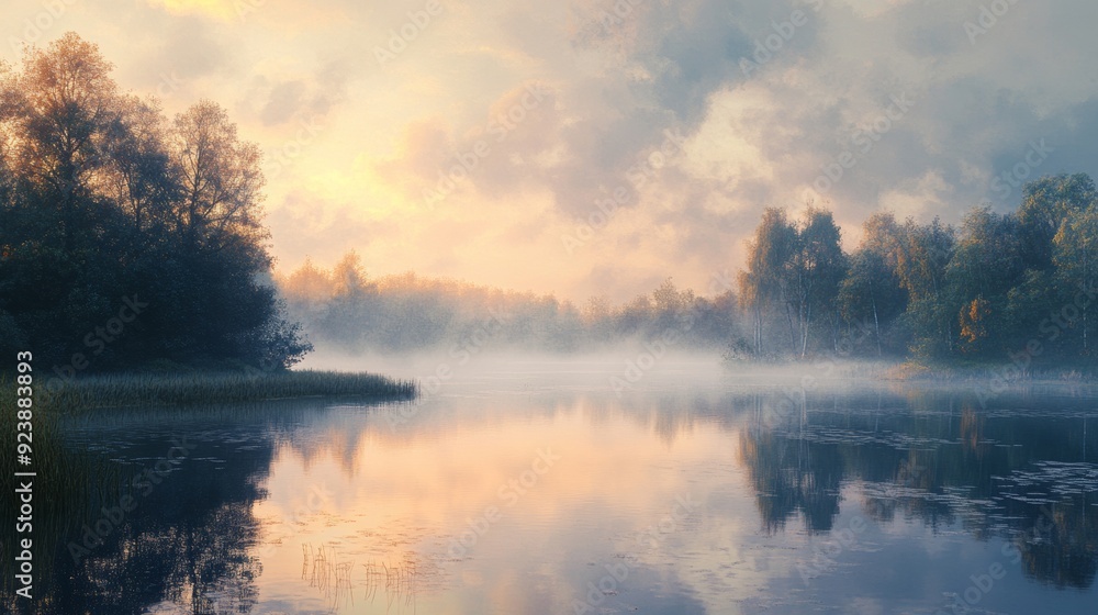 Fototapeta premium beautiful sunrise on a lake surrounded by forest with fog
