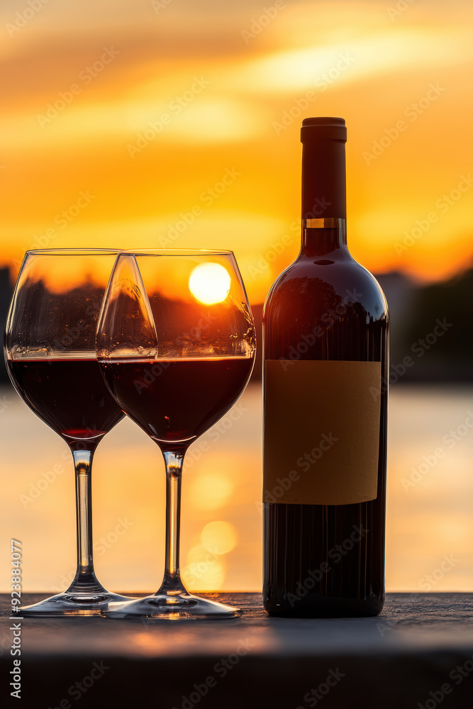 Sunset Wine Glasses and Bottle with City View Sunset Wine Glasses and Bottle with City View