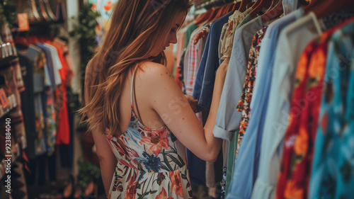 woman in a floral summer dress shopping in a trendy clothing store