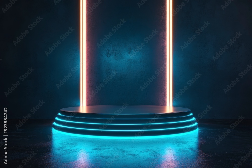 Futuristic dark podium with light and reflection background , ai Futuristic dark podium with light and reflection background , ai