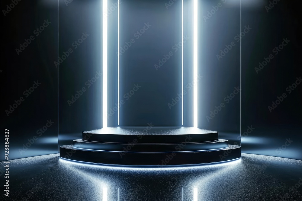 Futuristic dark podium with light and reflection background , ai Futuristic dark podium with light and reflection background , ai