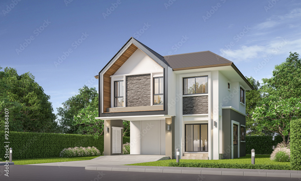 Fototapeta premium Modern house exterior day light with lawn grass.3d rendering