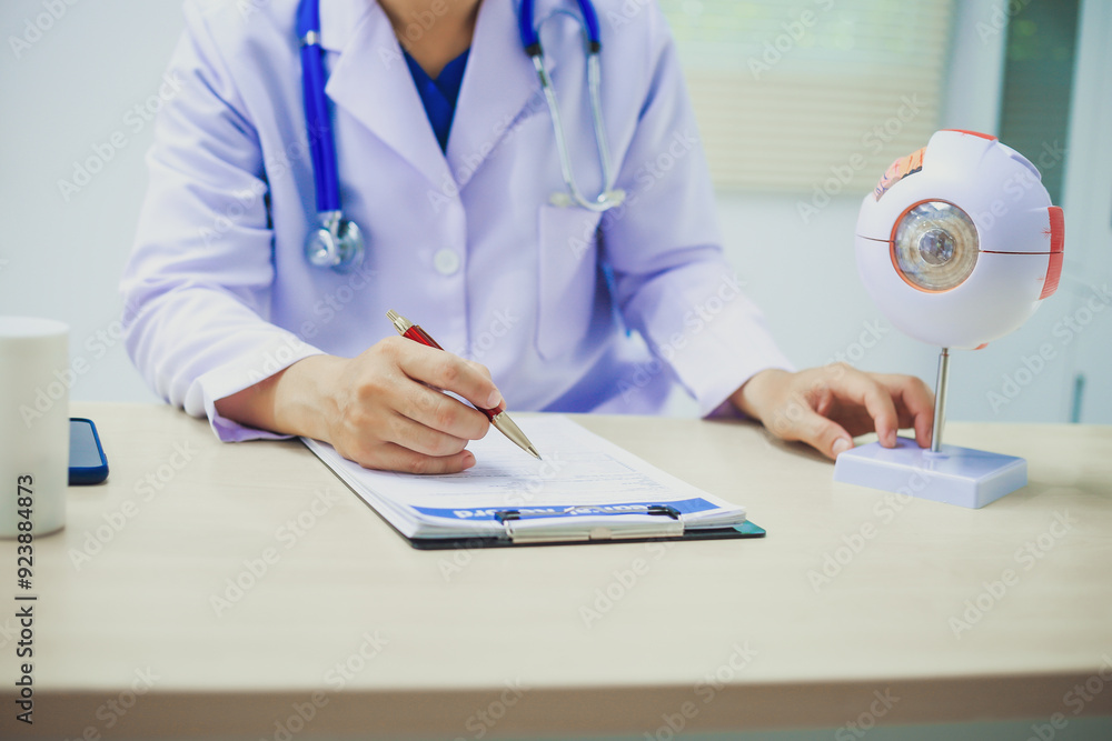 An ophthalmologist explains eye diseases using an eye model at an examination table in a hospital examination room. Glaucoma, cataracts, diabetic retinopathy. An ophthalmologist explains eye diseases using an eye model at an examination table in a hospital examination room. Glaucoma, cataracts, diabetic retinopathy.