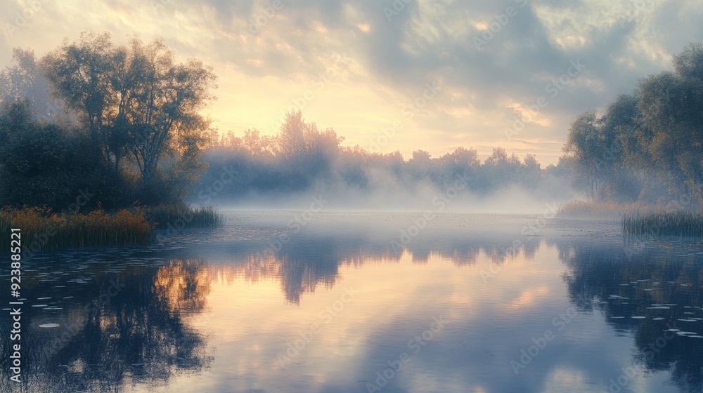 beautiful sunrise on a lake surrounded by forest with fog beautiful sunrise on a lake surrounded by forest with fog