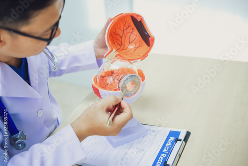 An ophthalmologist explains eye diseases using an eye model at an examination table in a hospital examination room. Glaucoma, cataracts, diabetic retinopathy.