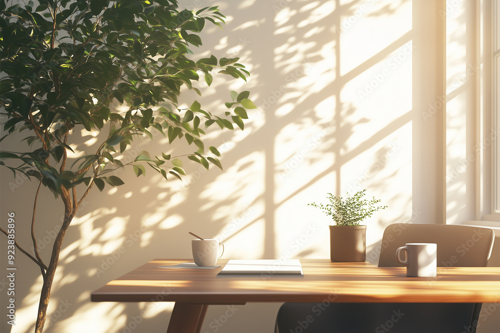 Elegant Nordic Home Office with Modern Pot Tree and Coffee Elegant Nordic Home Office with Modern Pot Tree and Coffee