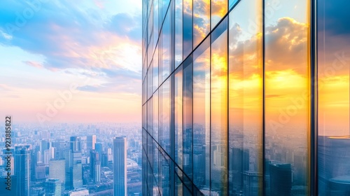 Sleek modern office building with large glass windows reflecting the sky and surrounding cityscape.