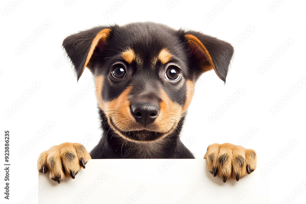 Cute dog puppy holding blank white banner in its paws isolated on white background Cute dog puppy holding blank white banner in its paws isolated on white background