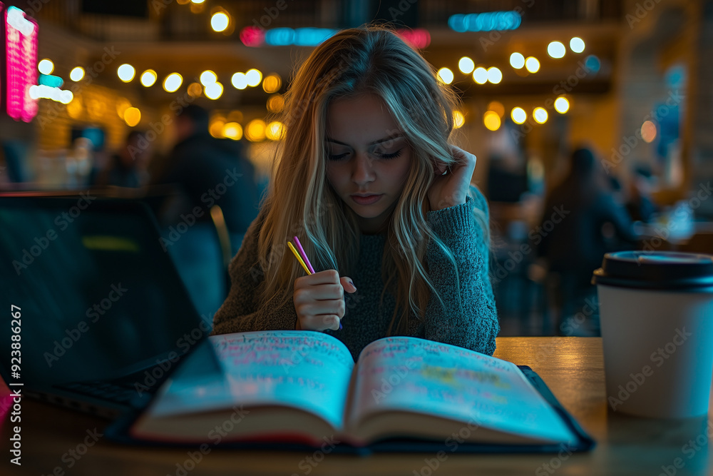 Fototapeta premium Focused Woman Studying in a Cafe