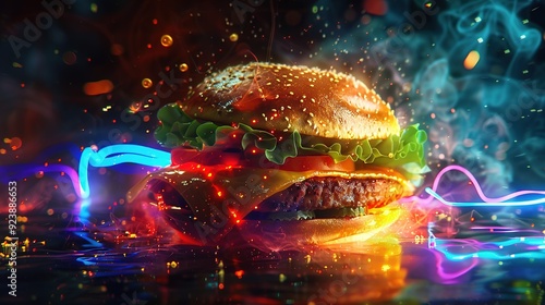 A Juicy Cheeseburger with Smoke and Neon Lights