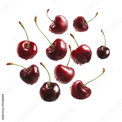 A cluster of freshly picked, ripe red cherries with stems, isolated on a white background, showcasing their vibrant color and freshness.